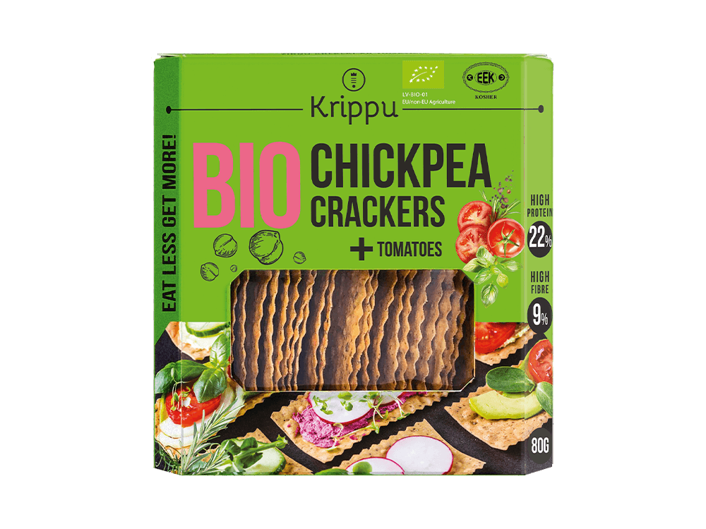 Glutenfreie Bio-Cracker mit Kichererbsen und Tomaten, 80 g, Krippu