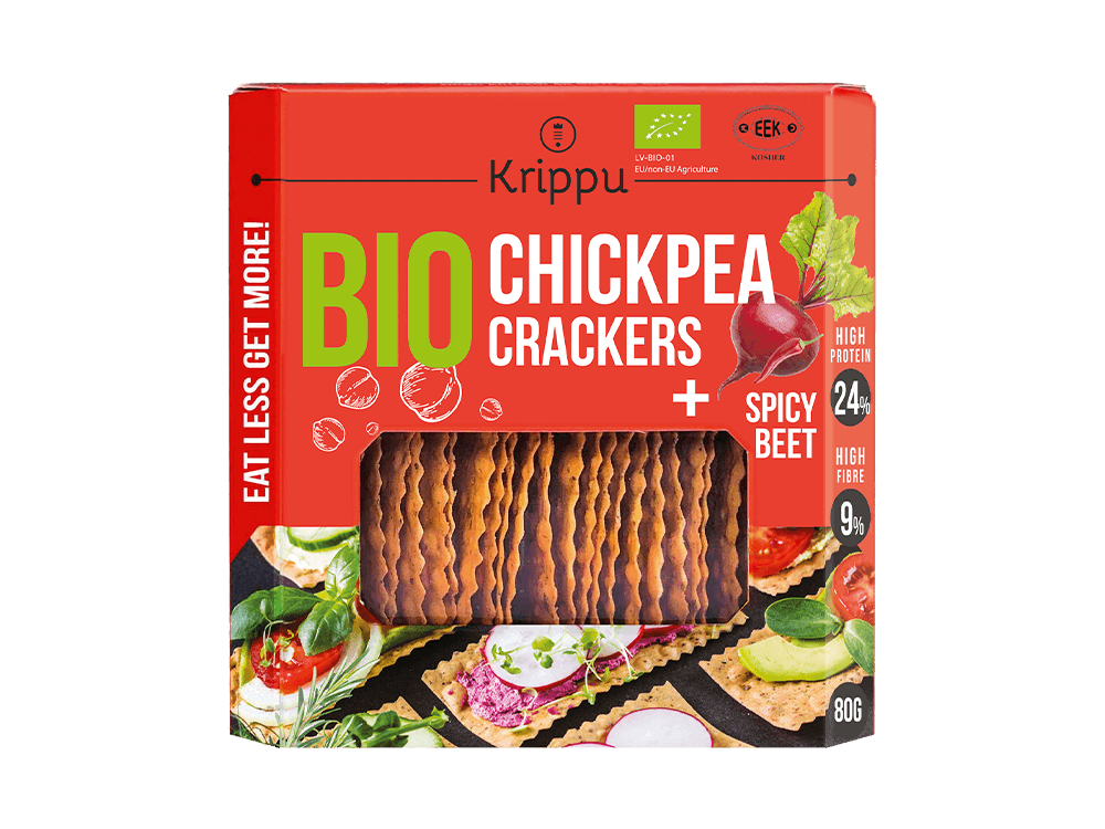 Glutenfreie Bio-Cracker aus Kichererbsen mit pikanter Roter Bete, 80 g, Krippu